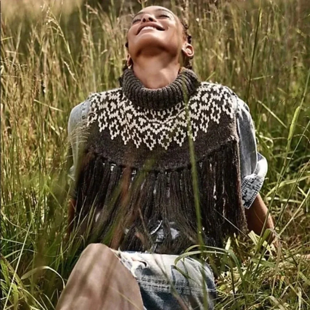 Anthropologie Grey Fringe Turtleneck Collar